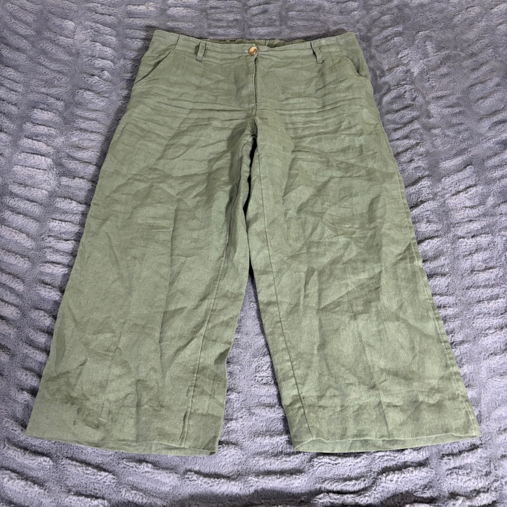 J. Jill Love Line 100% Linen Wide Leg Crop Pants Olive Green MP Petite AT000